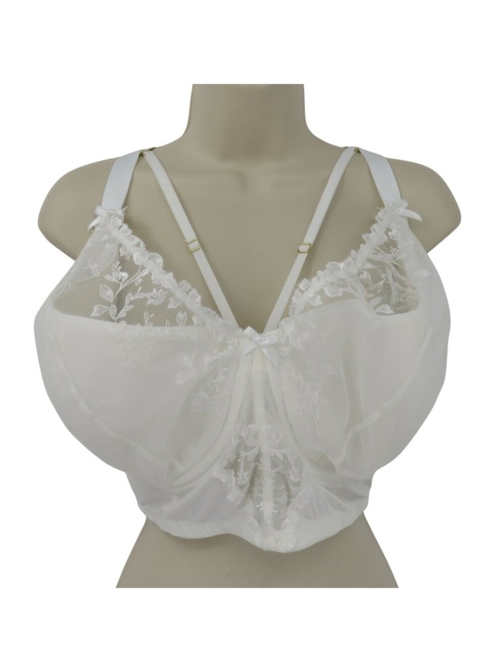 Cacique 44H Lightly Lined French Balconette Bra White Underwire Embroidered Lace